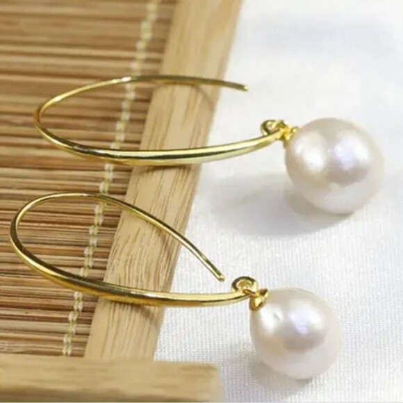 925S Cultured Freshwater Pearl Dangle Threader Hook Earrings Gold Plated - Picture 3 of 14